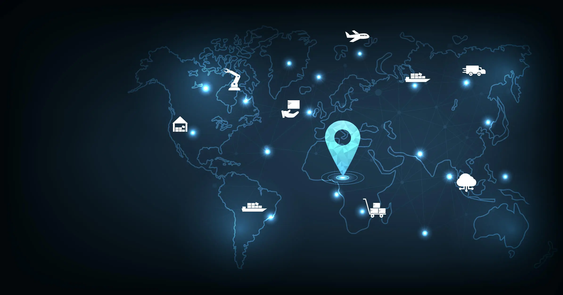 World map with location and transport icons