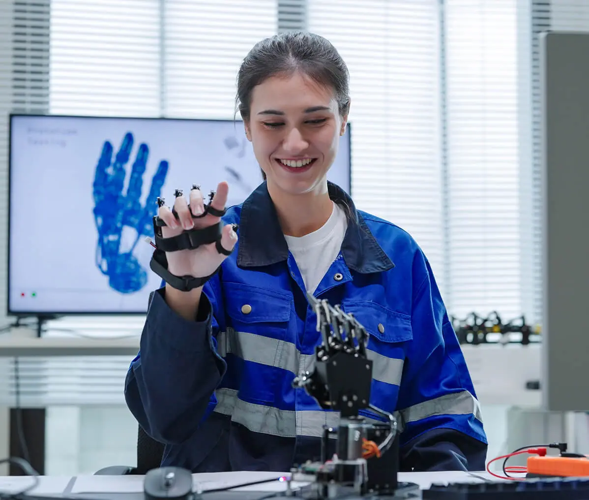 Technician operating robotic hand device