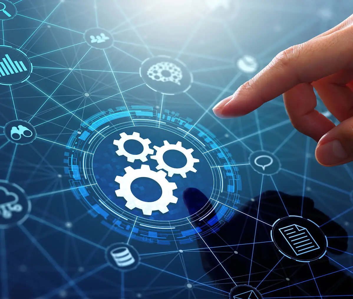 Technology network with gears and hand
