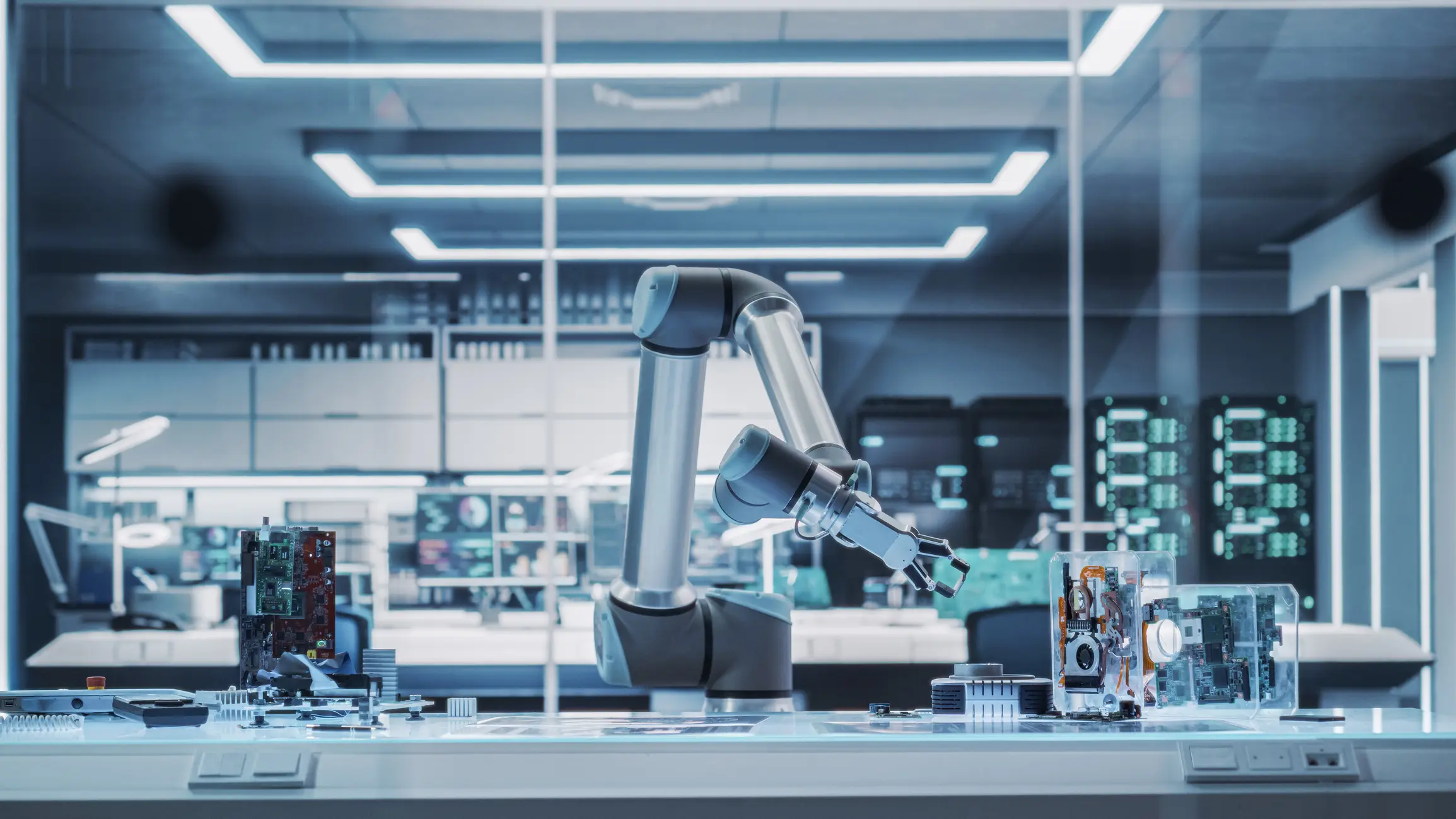 Industrial robotic arm operating in a modern factory setting.