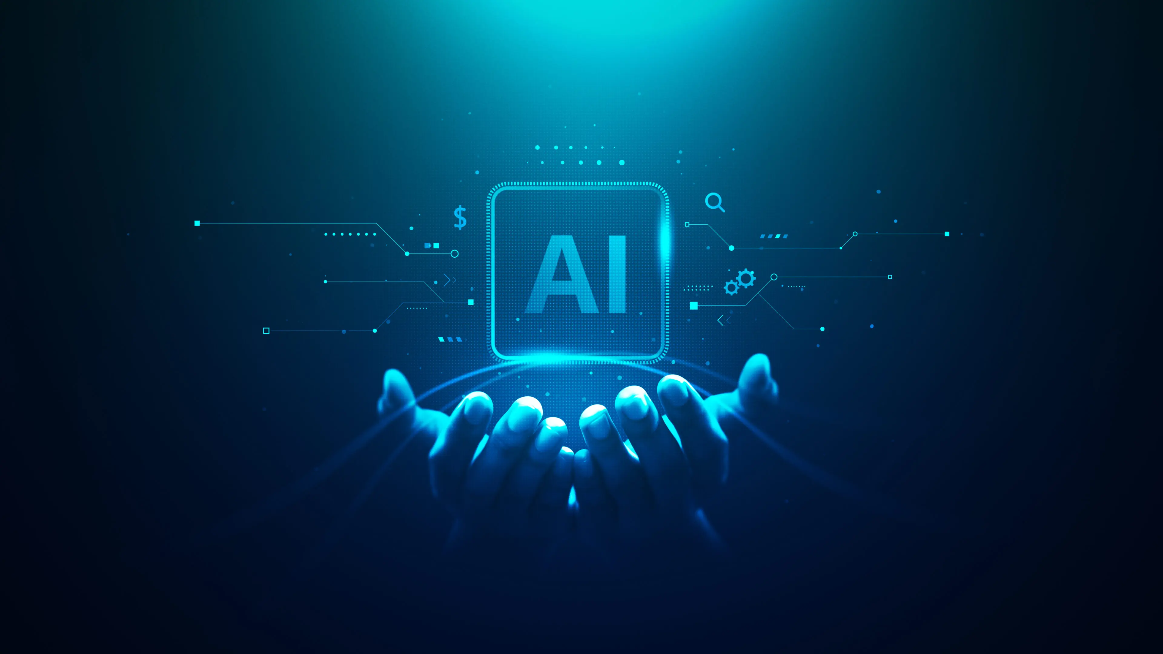 Hands holding a glowing AI symbol with digital network connections.