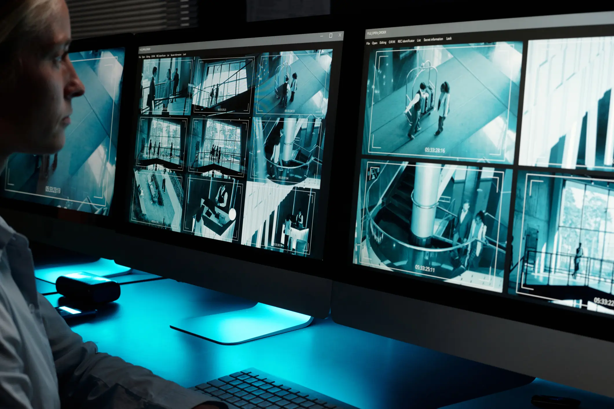 Security monitors displaying multiple surveillance camera feeds in a dimly lit room.