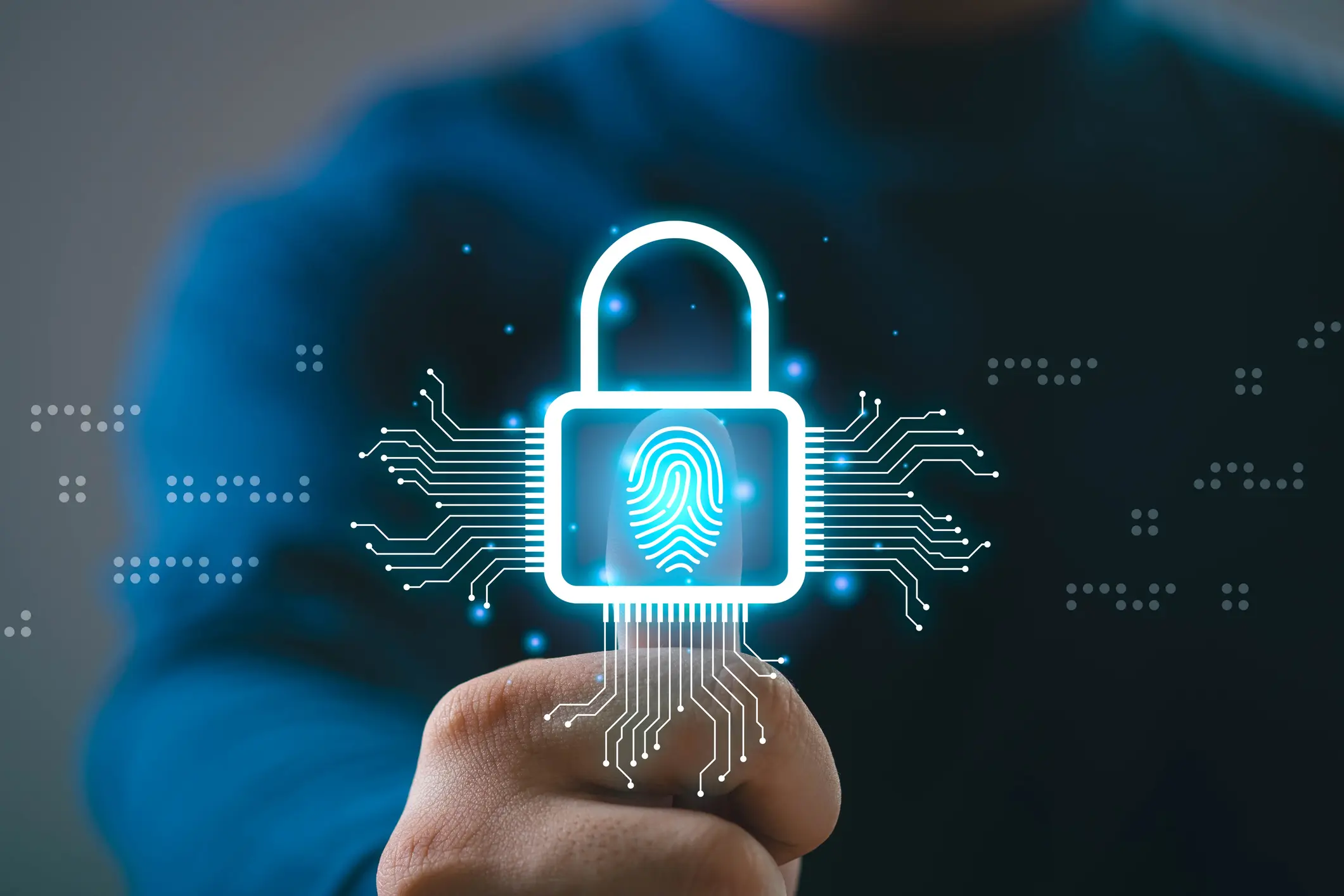 A glowing digital padlock with a fingerprint scanner symbolizes cybersecurity.