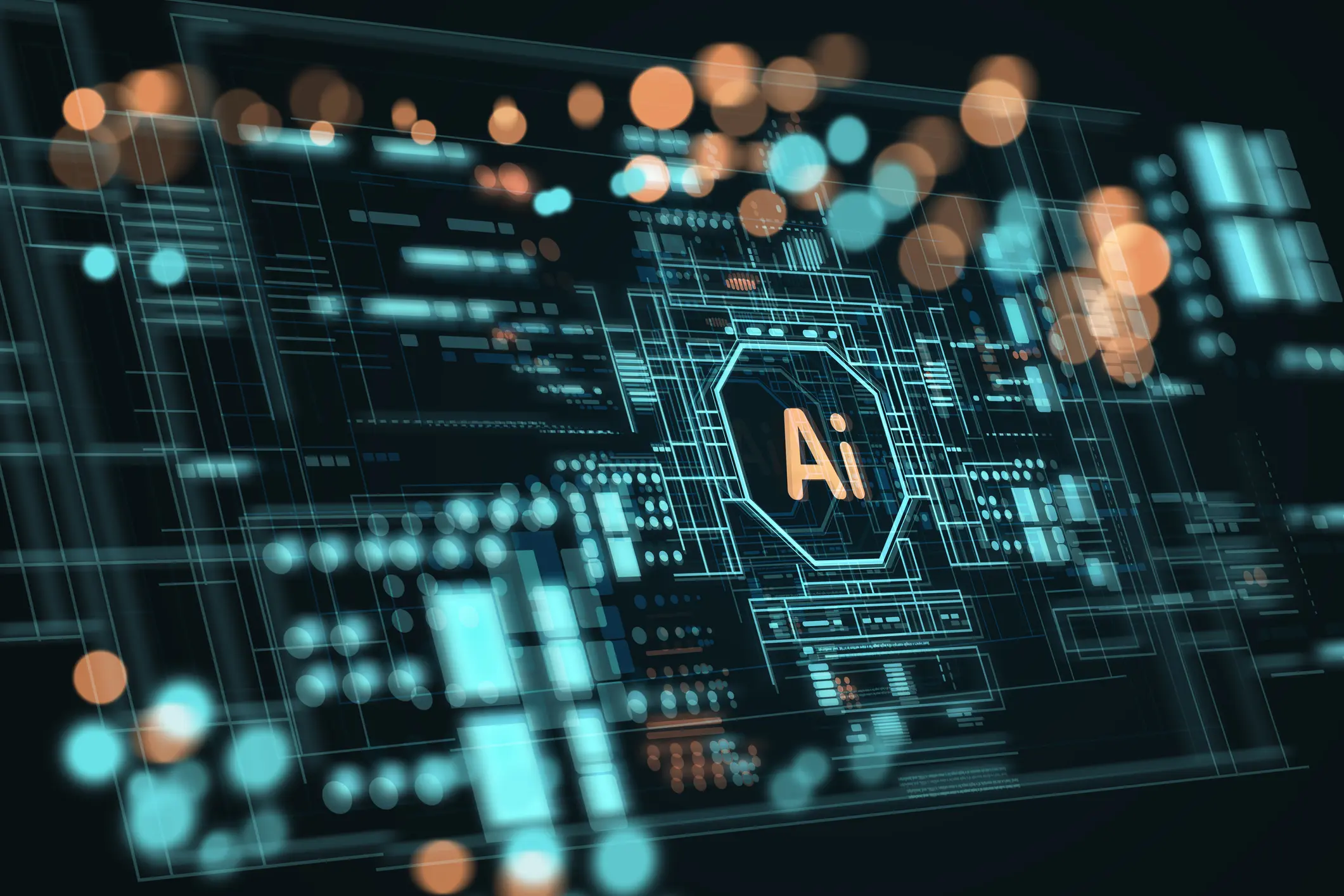 Close-up of an AI chip on a circuit board with glowing blue lights.