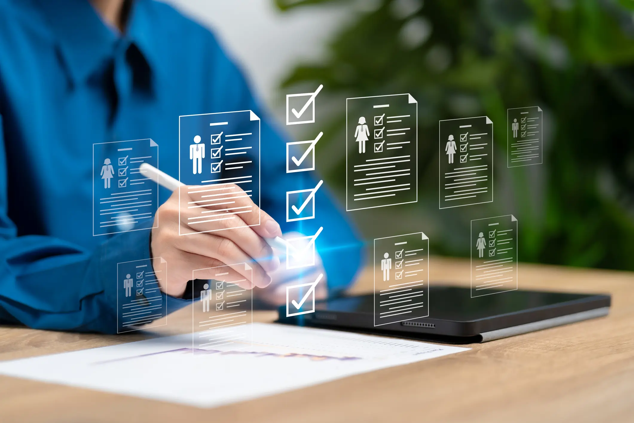 A person interacting with digital checklists and futuristic interface screens.