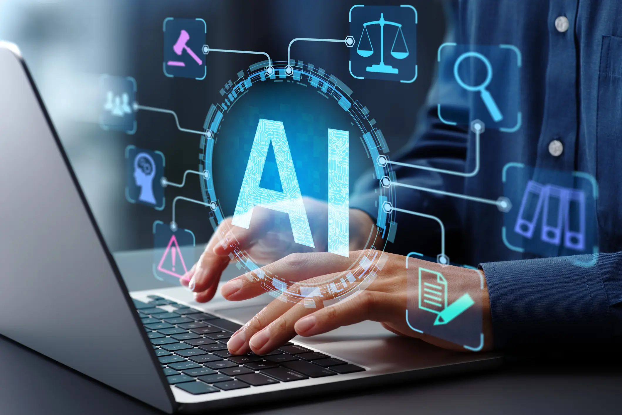 Hands typing on a laptop with AI and technology icons overlay.