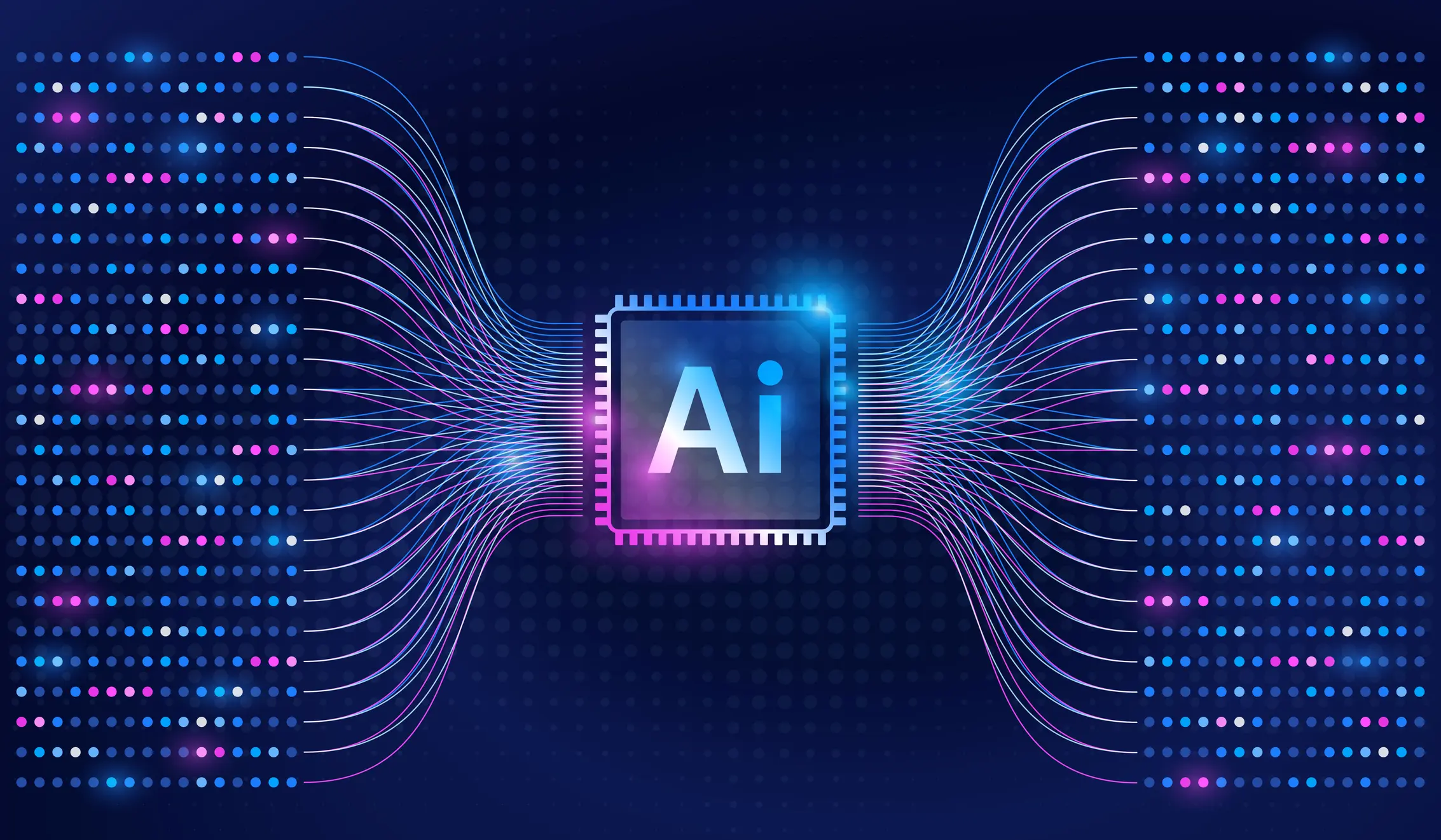 Digital AI chip glowing with data flow around it.