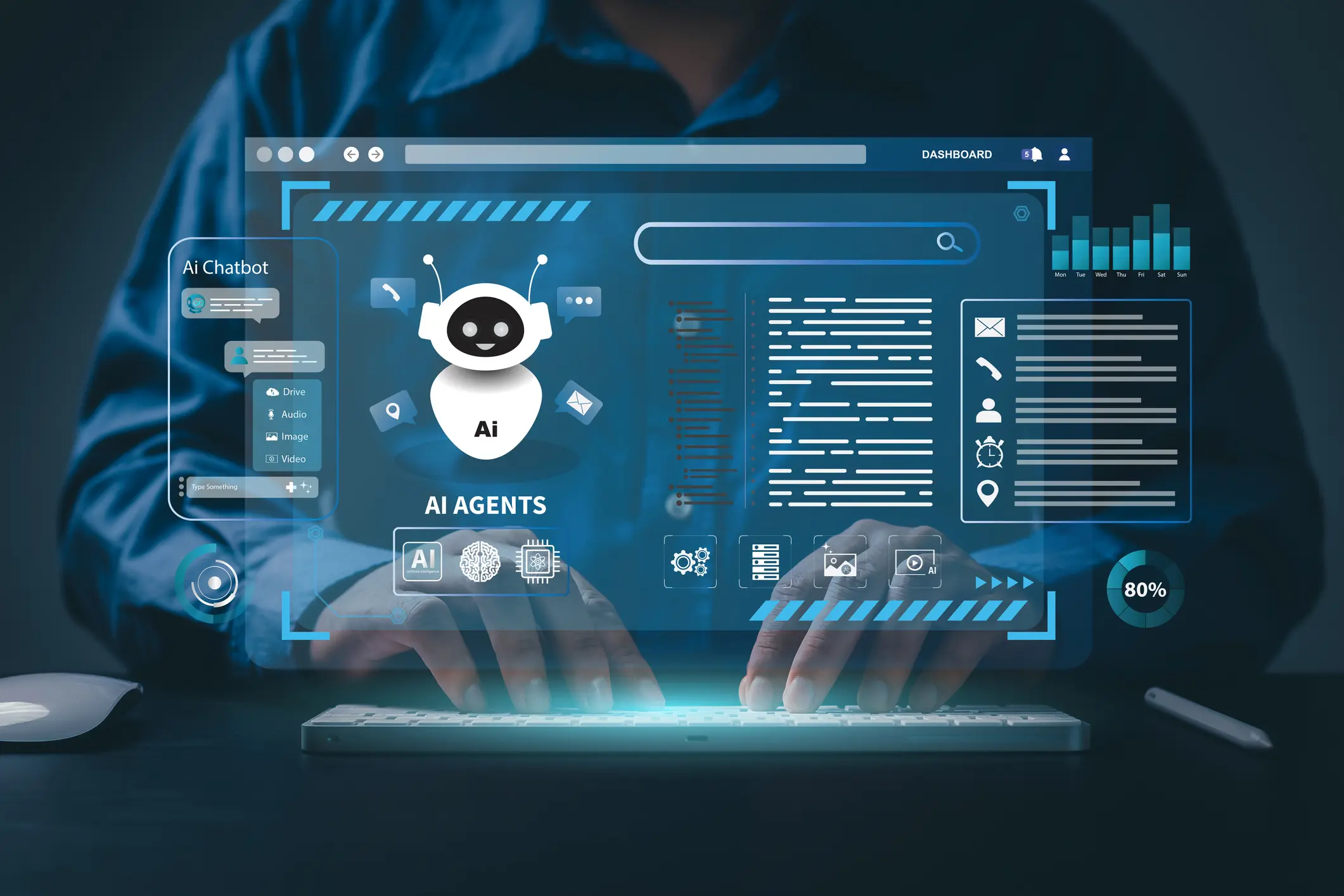 Futuristic digital interface displaying AI agents and data analytics.