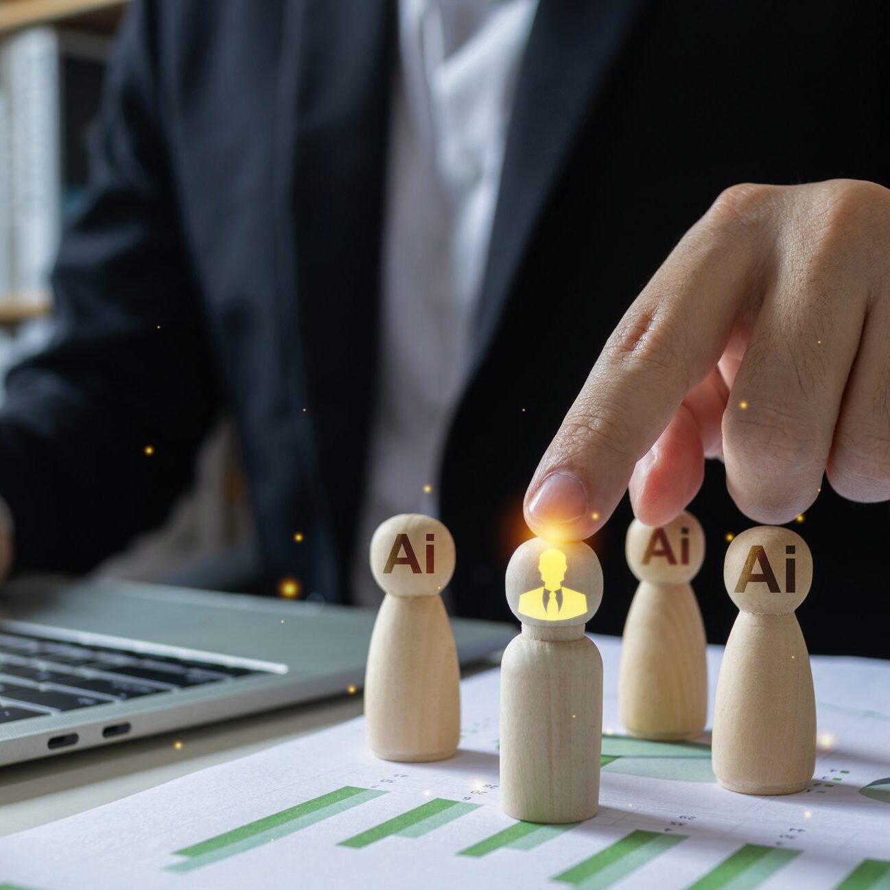 Wooden figures with AI symbols, one lit with a flame, symbolizing AI activation.
