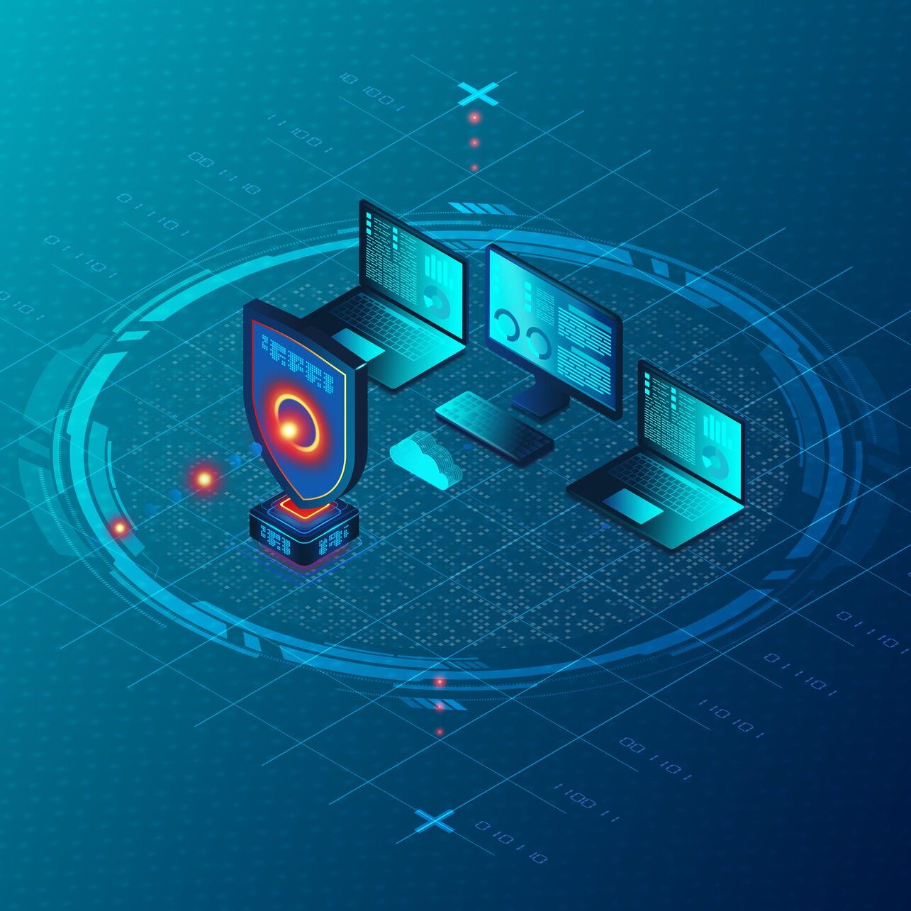 Digital security concept with shield and multiple screens in a virtual environment.