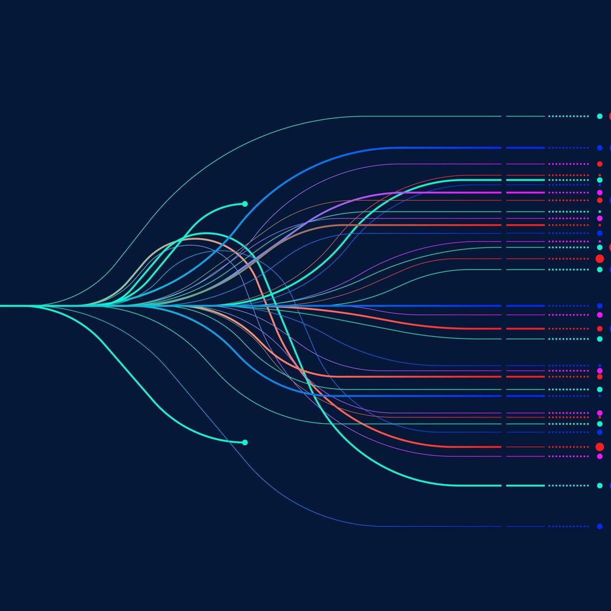 A complex network diagram with interconnected nodes and pathways on a dark background.