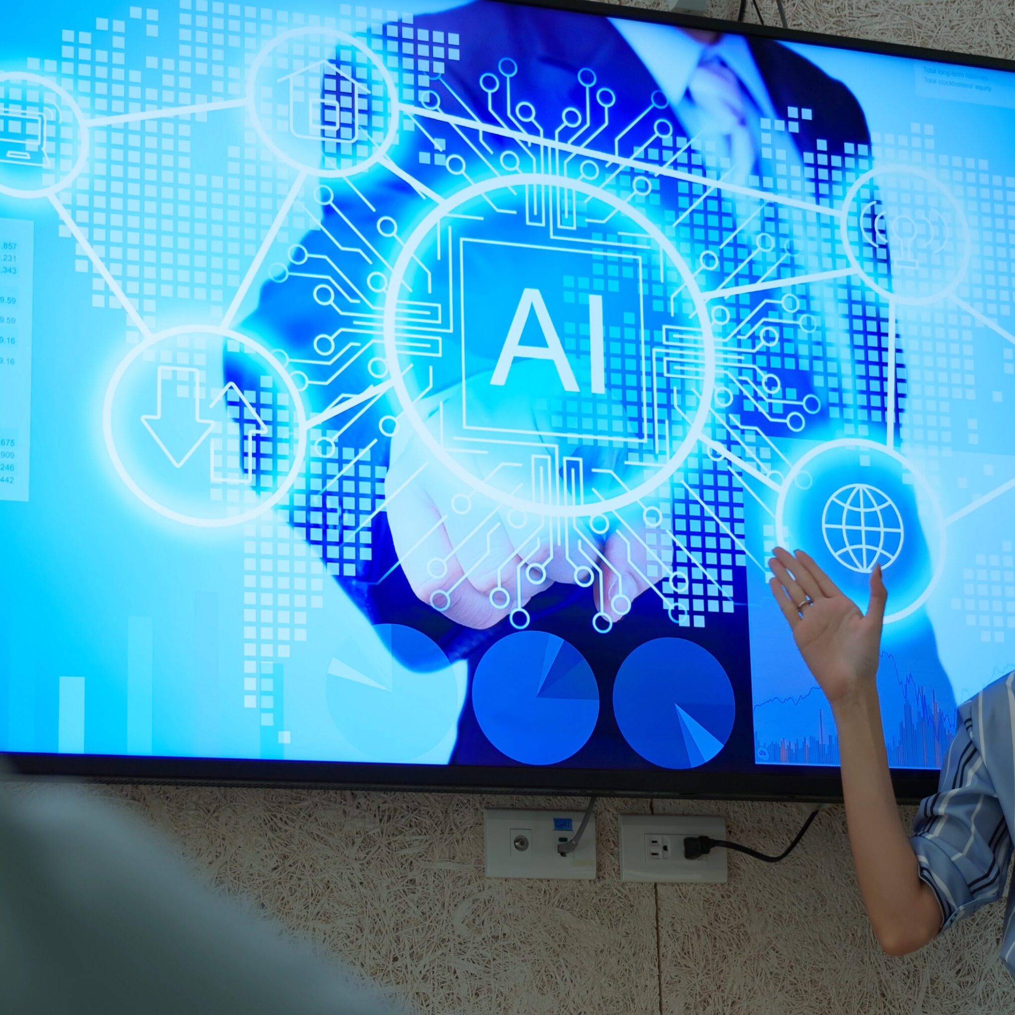 Person interacting with AI-themed digital interface on screen.