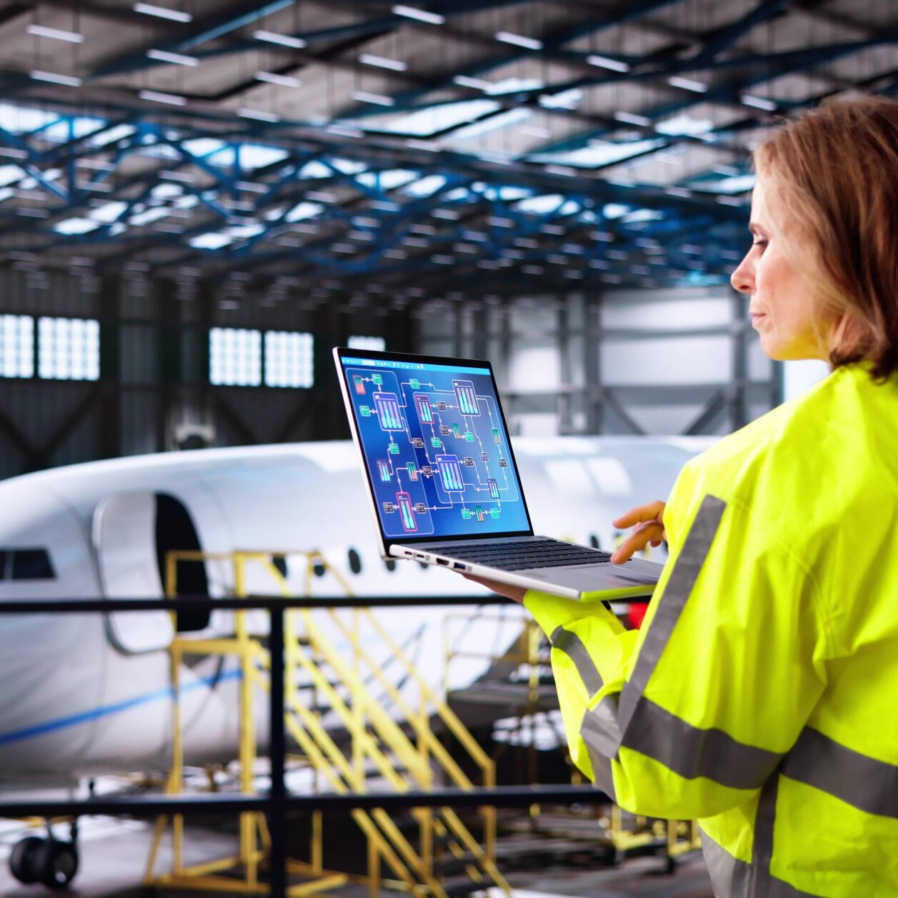 A woman in high-visibility jacket using a laptop near an airplane inside a hangar.