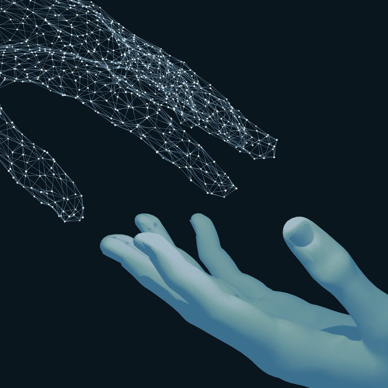 A digital hand reaching out to a human hand against a dark background.