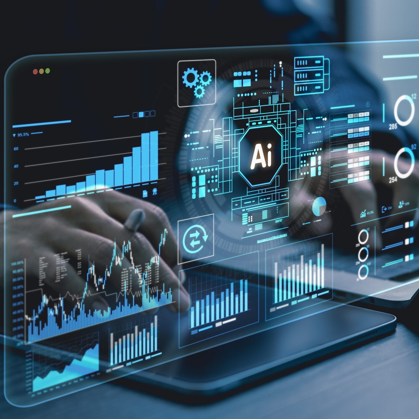 Hands interacting with a digital tablet displaying AI and data analytics visuals.