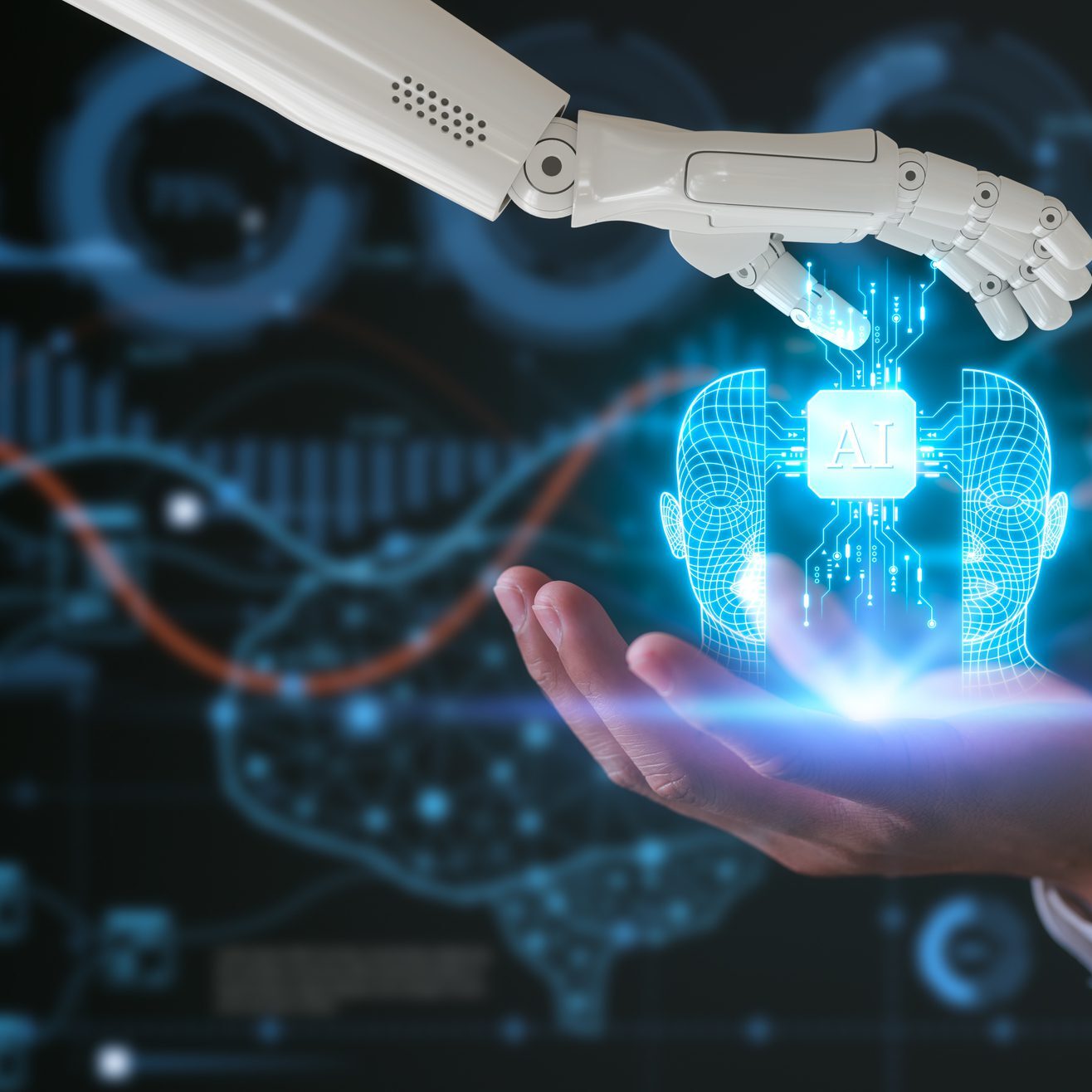 A robotic hand touching a glowing digital heart above a human hand with DNA strands in the background.