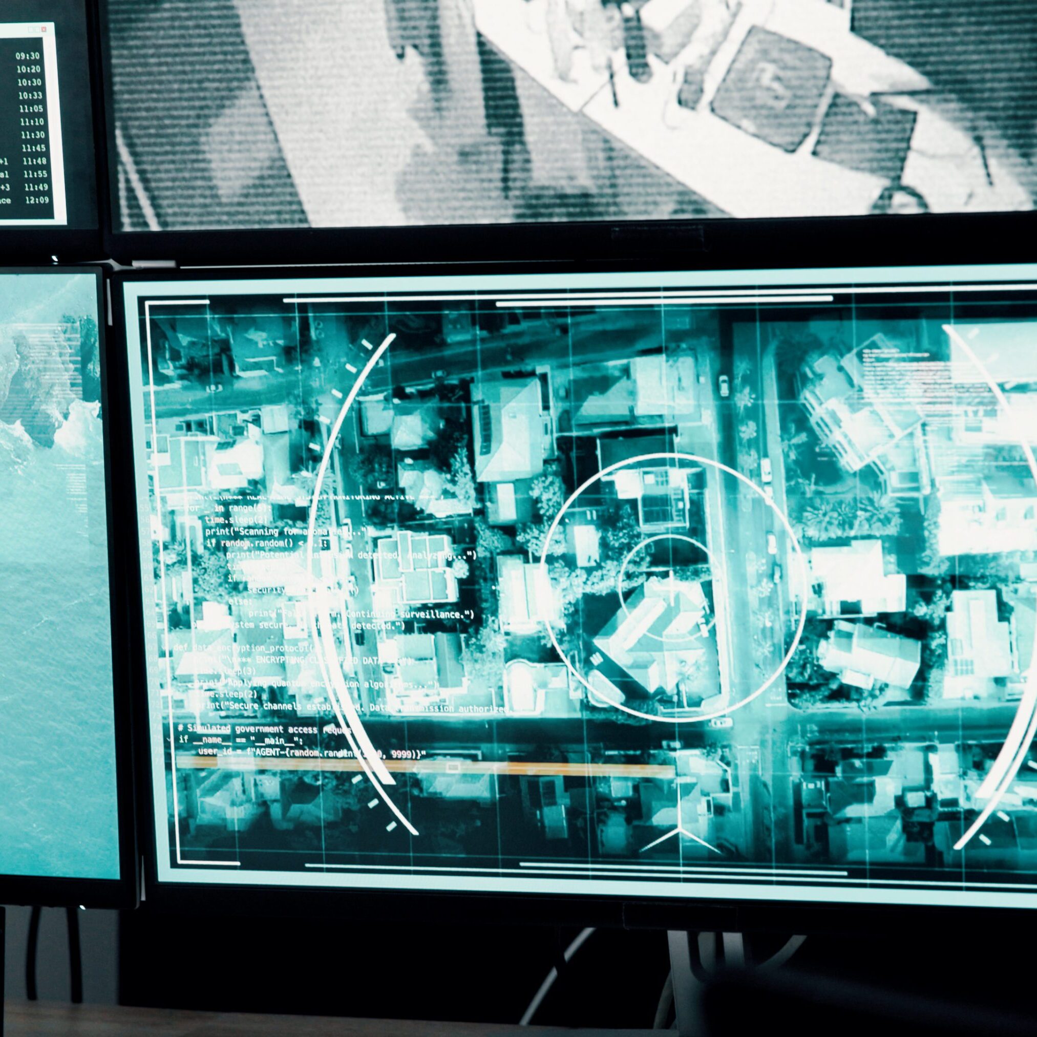 Surveillance monitors display live security footage in a control room.