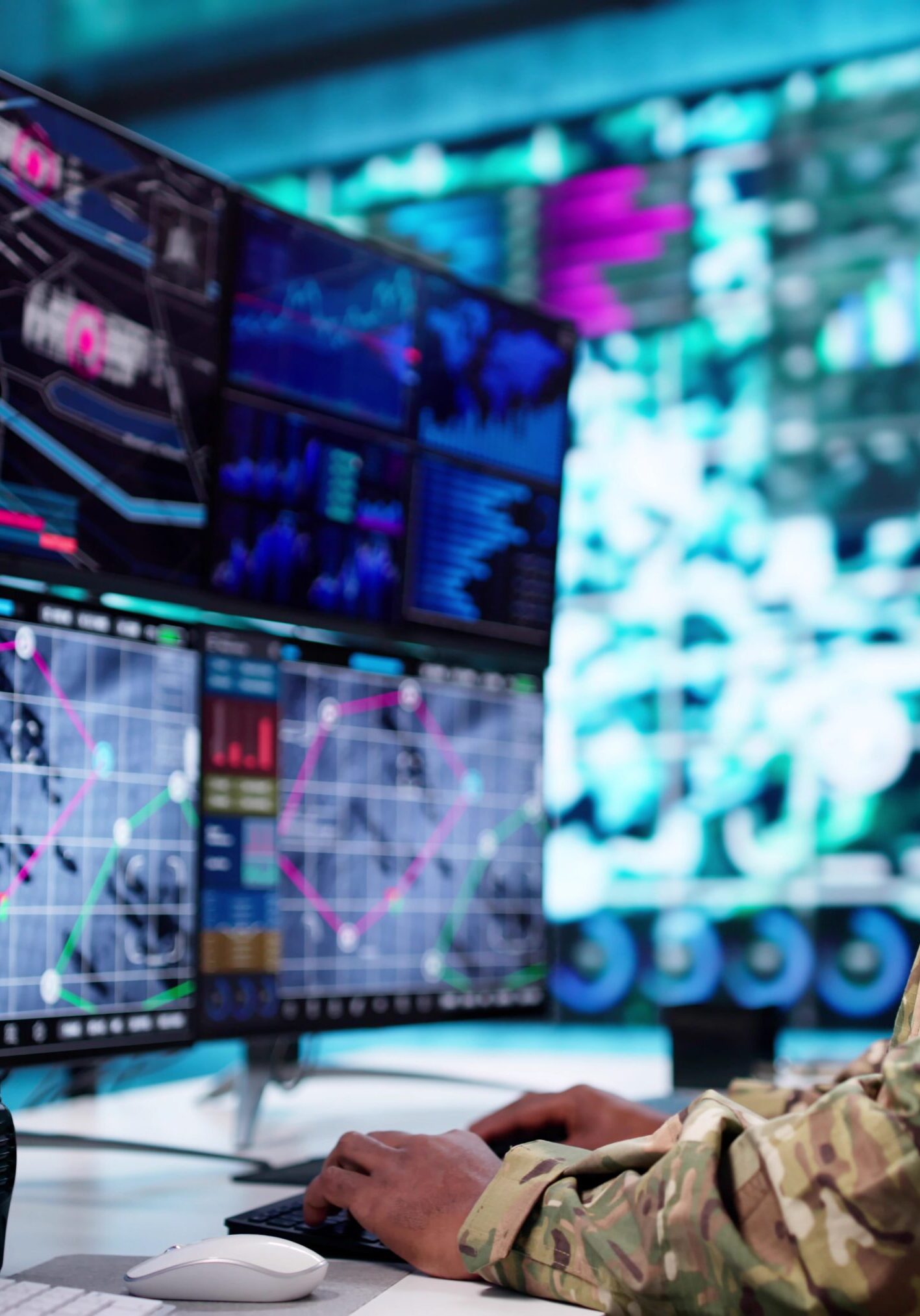 Military personnel monitoring multiple computer screens with data and maps.