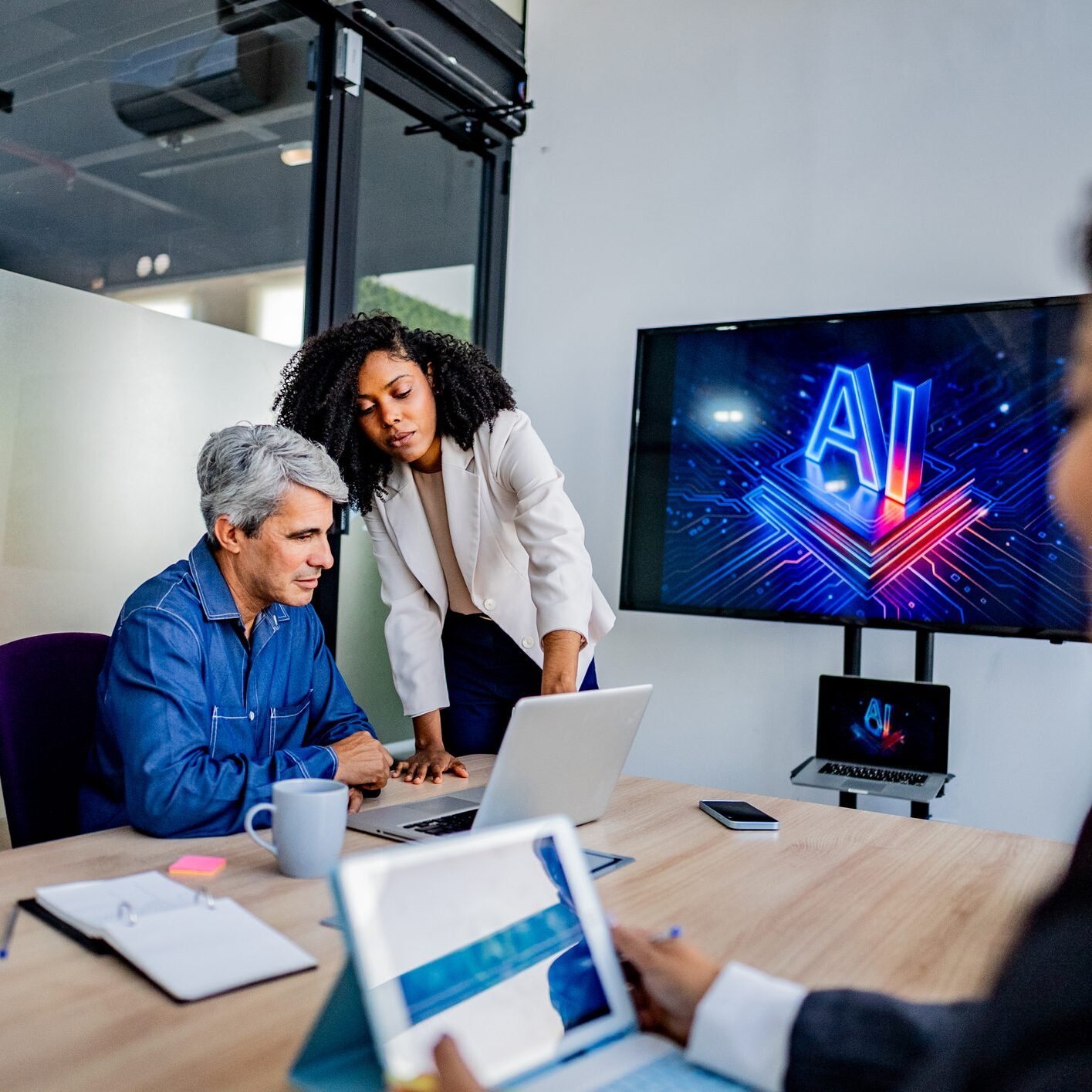 Team discussing AI technology in a modern office.